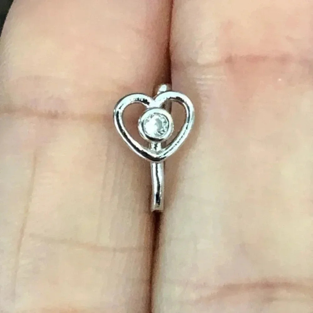 3 for $25/ Silver Heart Diamond Non-Perforated U-Shape Nose Septum Clip Stud